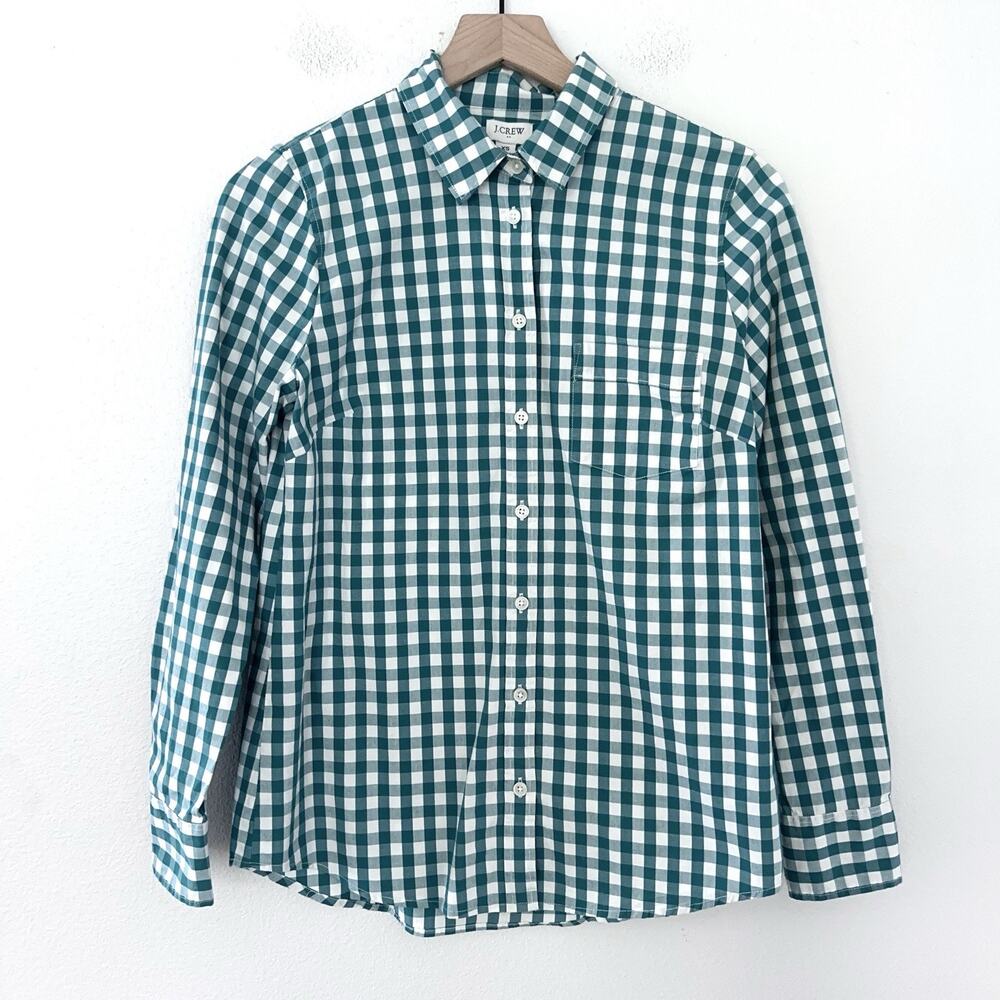 J Crew Gingham Cotton Shirt Women's XS Green Check Preppy Academia Button